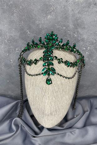 Zümrüt Yeşili Sallantılı Alınlık Almeda Gelin Kına Tacı