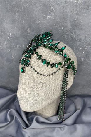 Zümrüt Yeşili Sallantılı Alınlık Almeda Gelin Kına Tacı