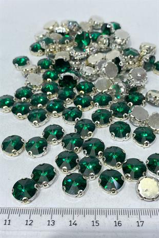 Zümrüt Yeşili Yuvarlak Kasalı Dikme Cam Taş Kristal Boncuk 10 Adet