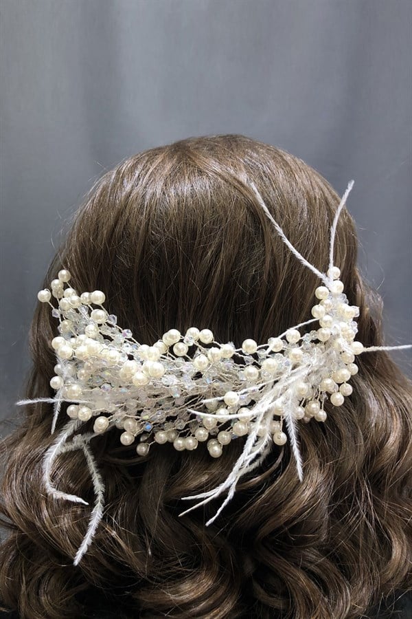 White Pearl and Crystal Feathered Hair Accessory