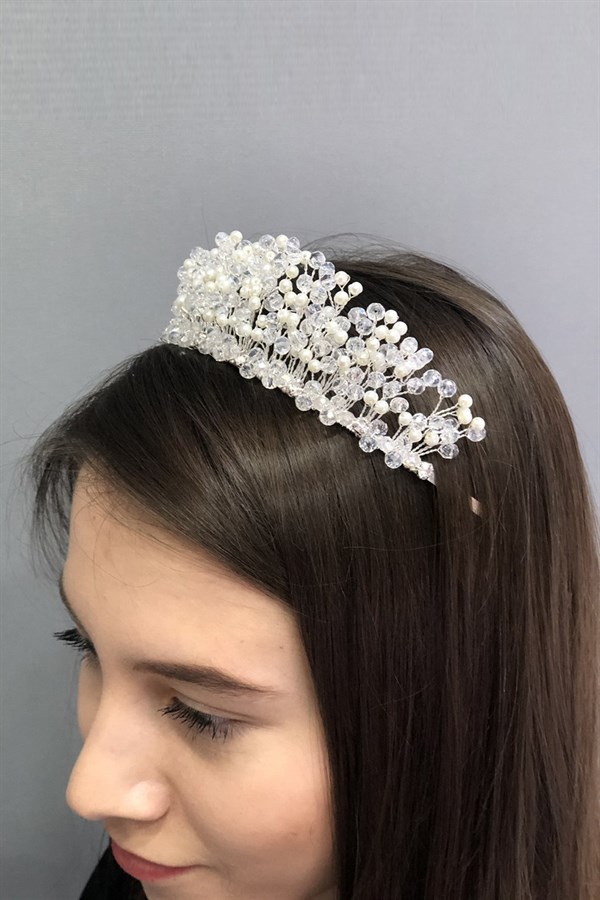 Cream Pearls Transparent Crystal Bridal Crown