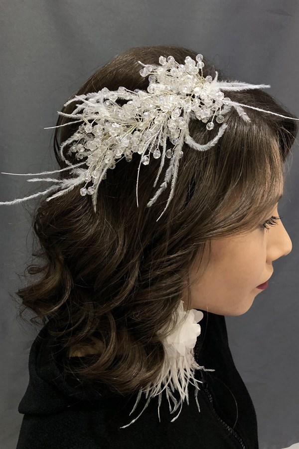 White Crystal Feather Earrings and Hair Accessory
