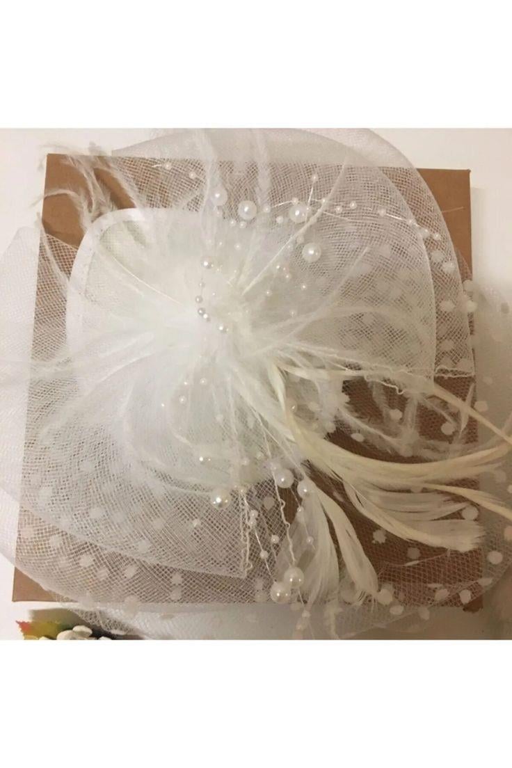 3'lü Set Beyaz Puantiyeli İncili Gelin Kepi Nikah Şapkası Vualet Damat Yaka Çiçeği Ve Tüylü Kalem