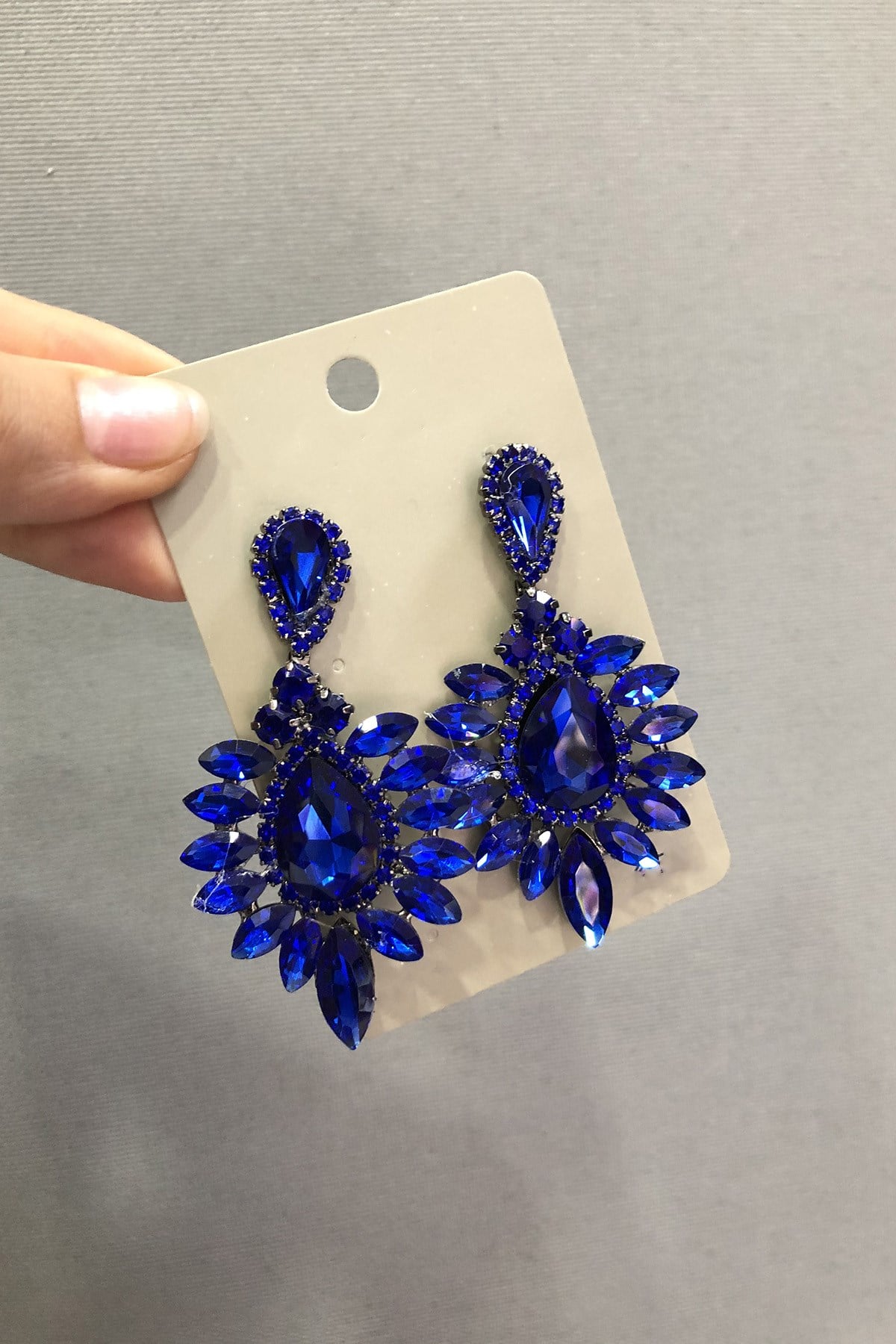 Sax Blue Crystal Glass Oval Stone Dark Gray Earrings