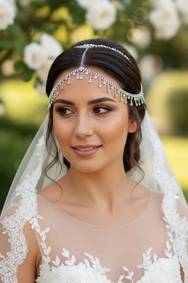 Alınlık Tek Sıra Kristal Taşlı Zincir Saç Aksesuarı Gelin Abiye Baştacı