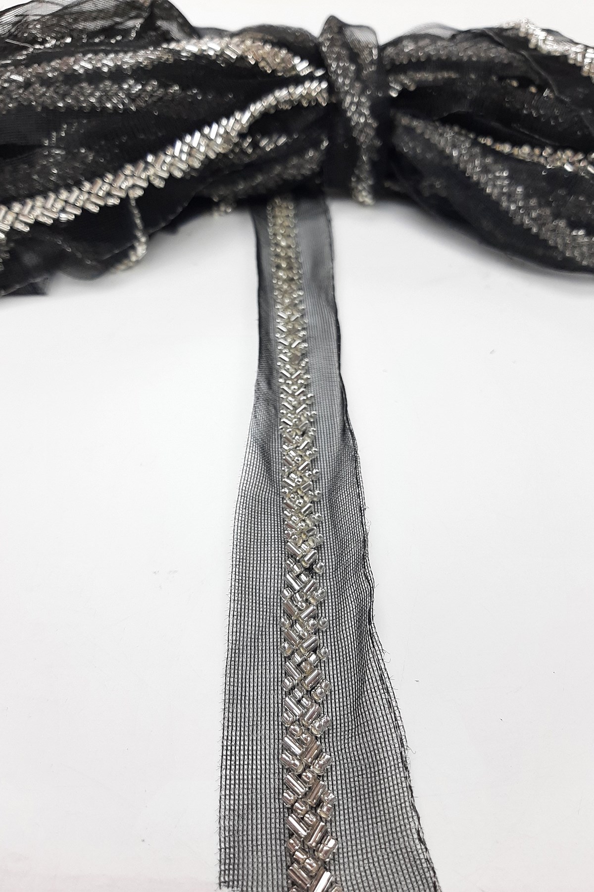 Anthracite Gray Bead Embroidered Ribbon