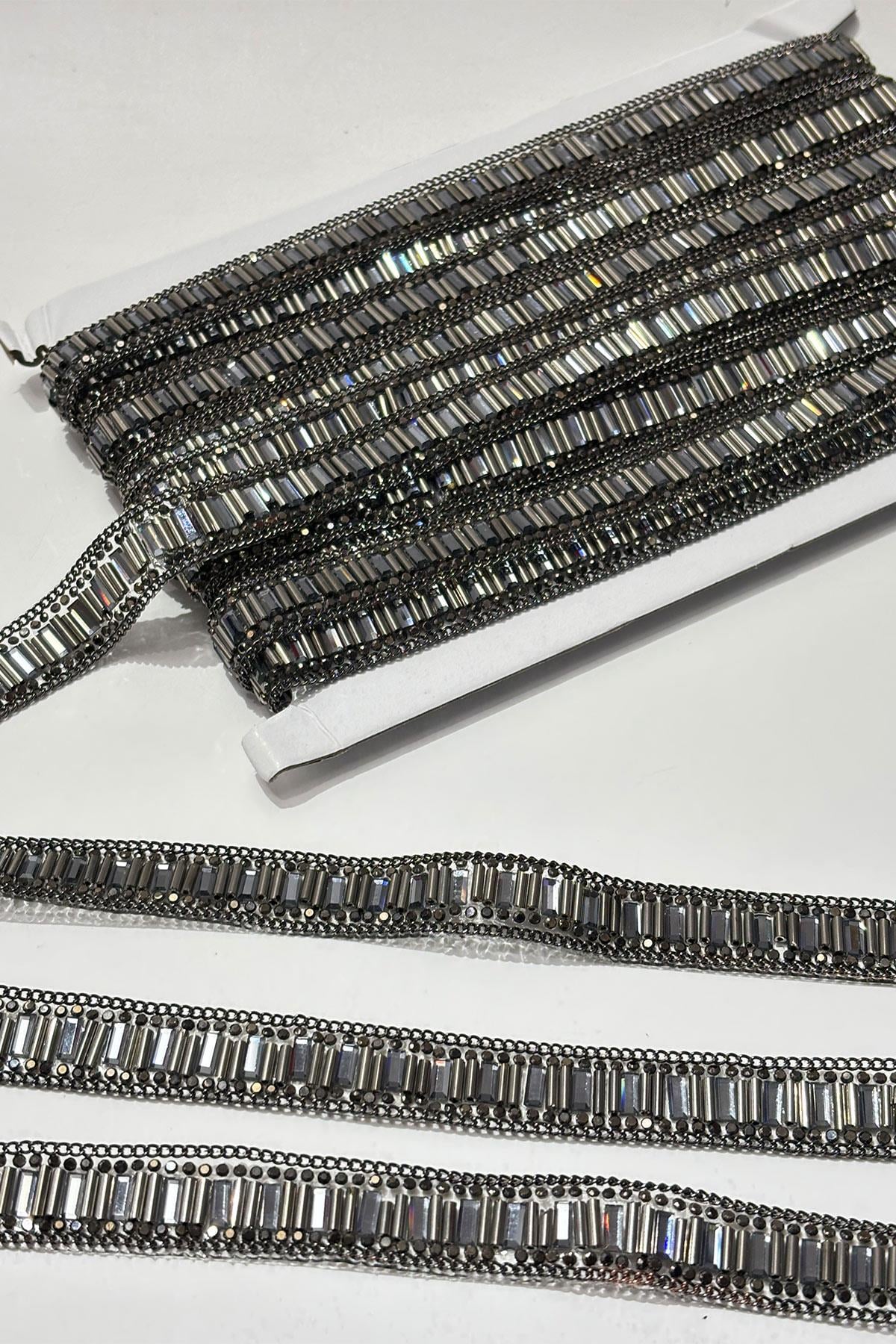 Antrasit Gri Boru Boncuklu Ütüyle Yapışan Şerit Taş