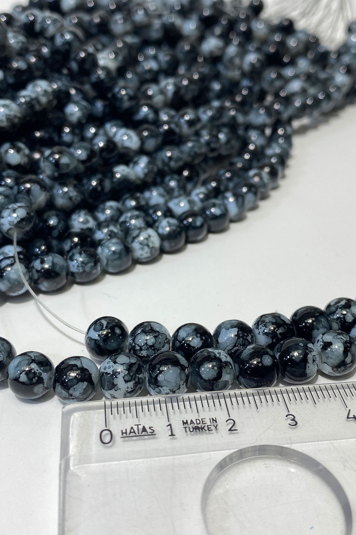 Antrasit Gri Desenli Dizi Cam Boncuk 8 mm