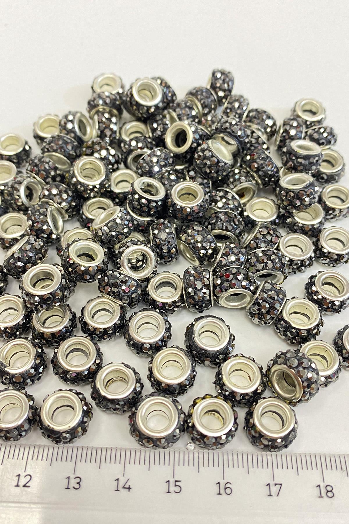 Antrasit Gri Parlak Taşlı İri Delikli Boncuk 12 mm