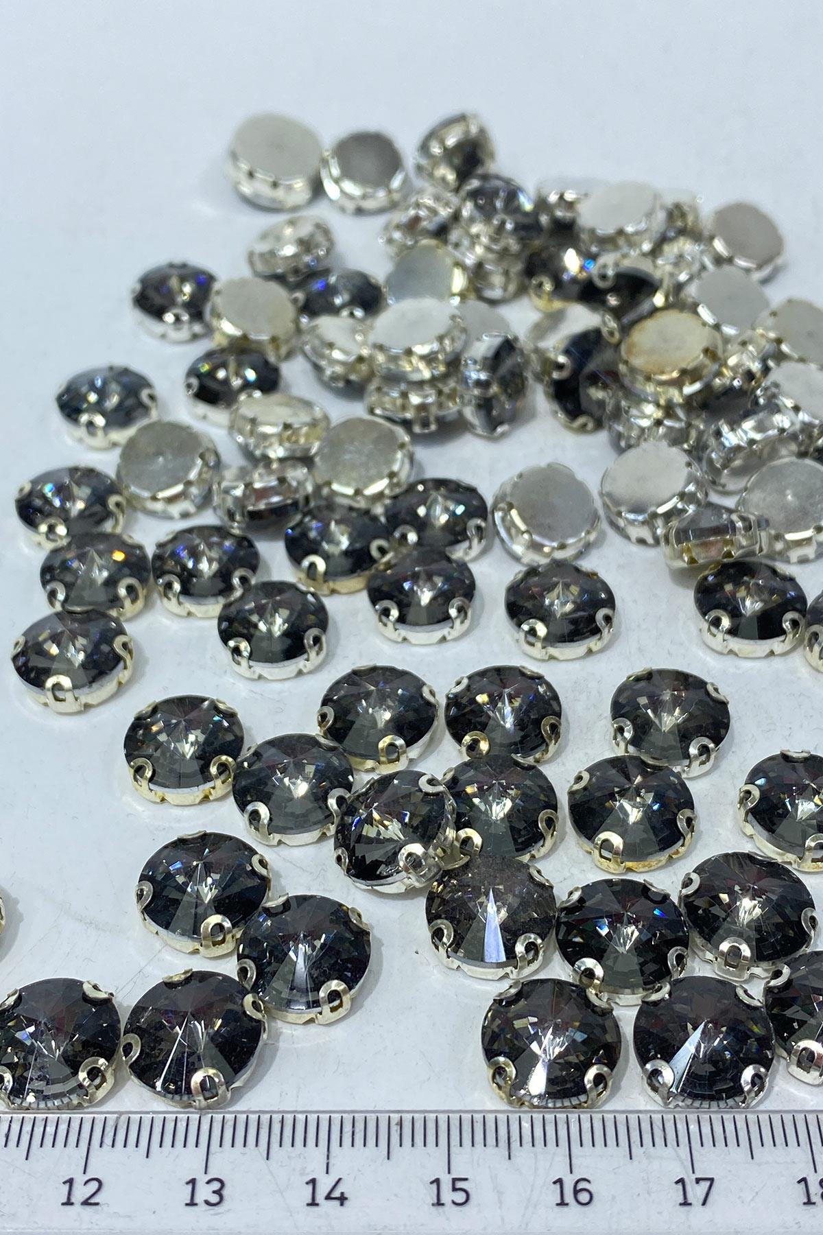 Antrasit Gri Yuvarlak Kasalı Dikme Cam Taş Kristal Boncuk 10 Adet