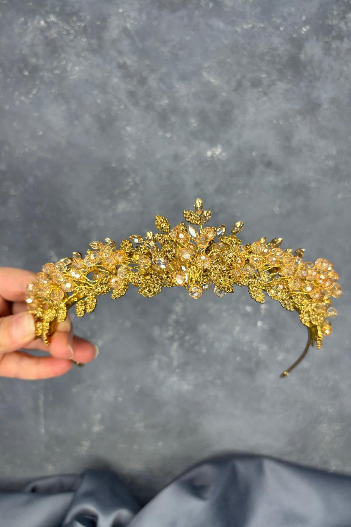 Bal Rengi Boncuk İşlemeli Duru Gelin Kına Tacı