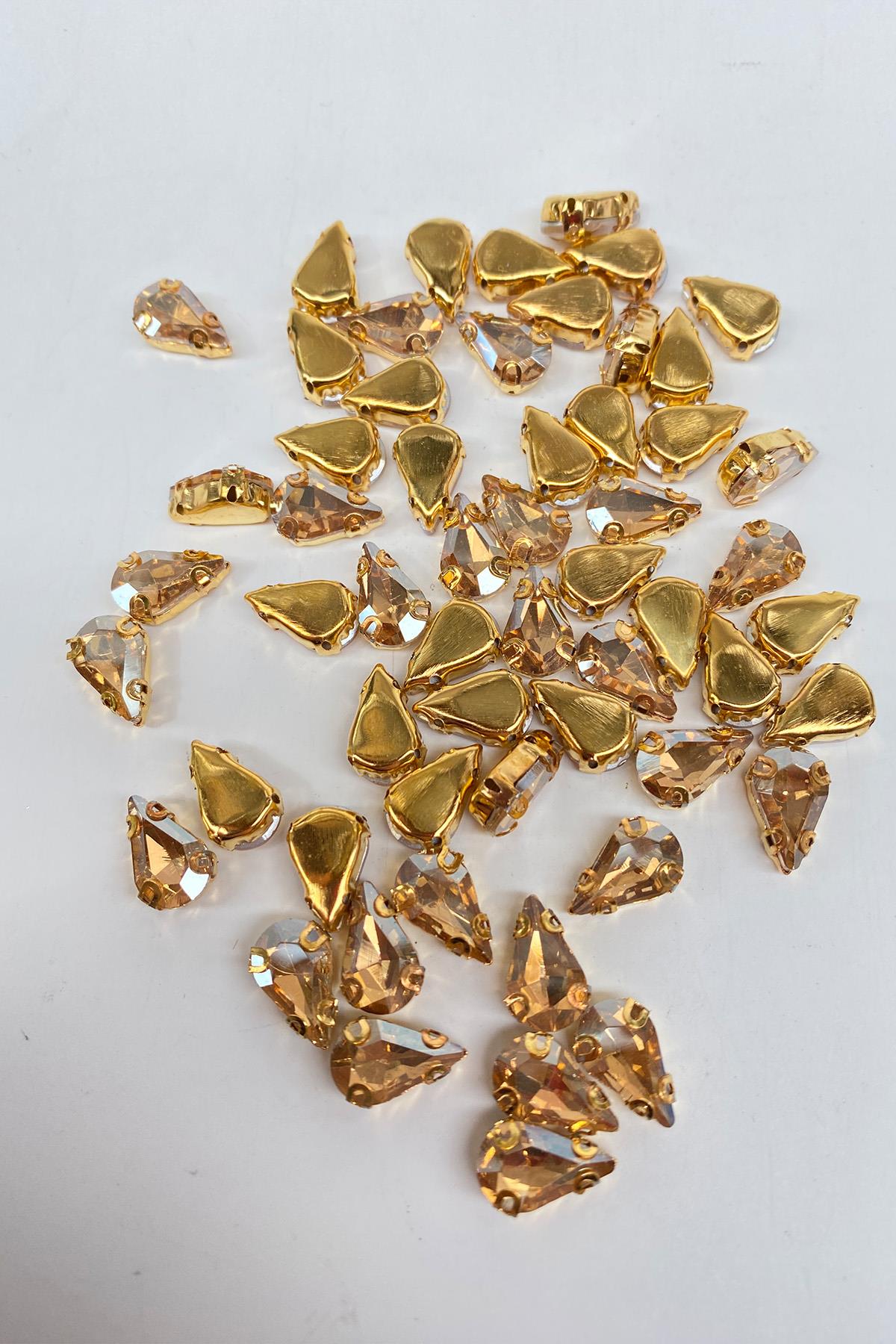 Bal Rengi  Gold Zeminli Dikme Parlak Cam Damla Boncuk 10 Adet