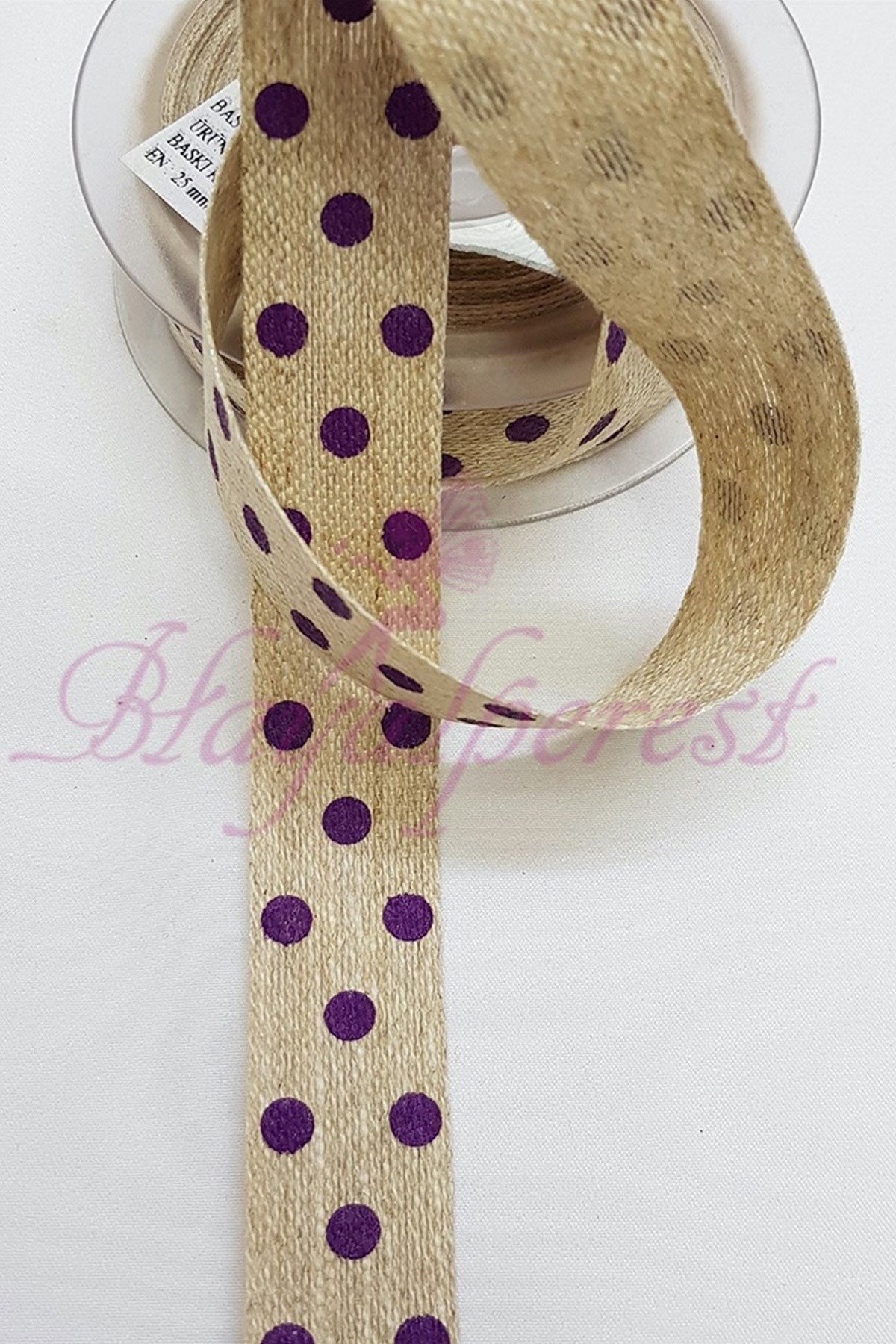 Purple Polka Dot Printed Linen Ribbon 1,5cm