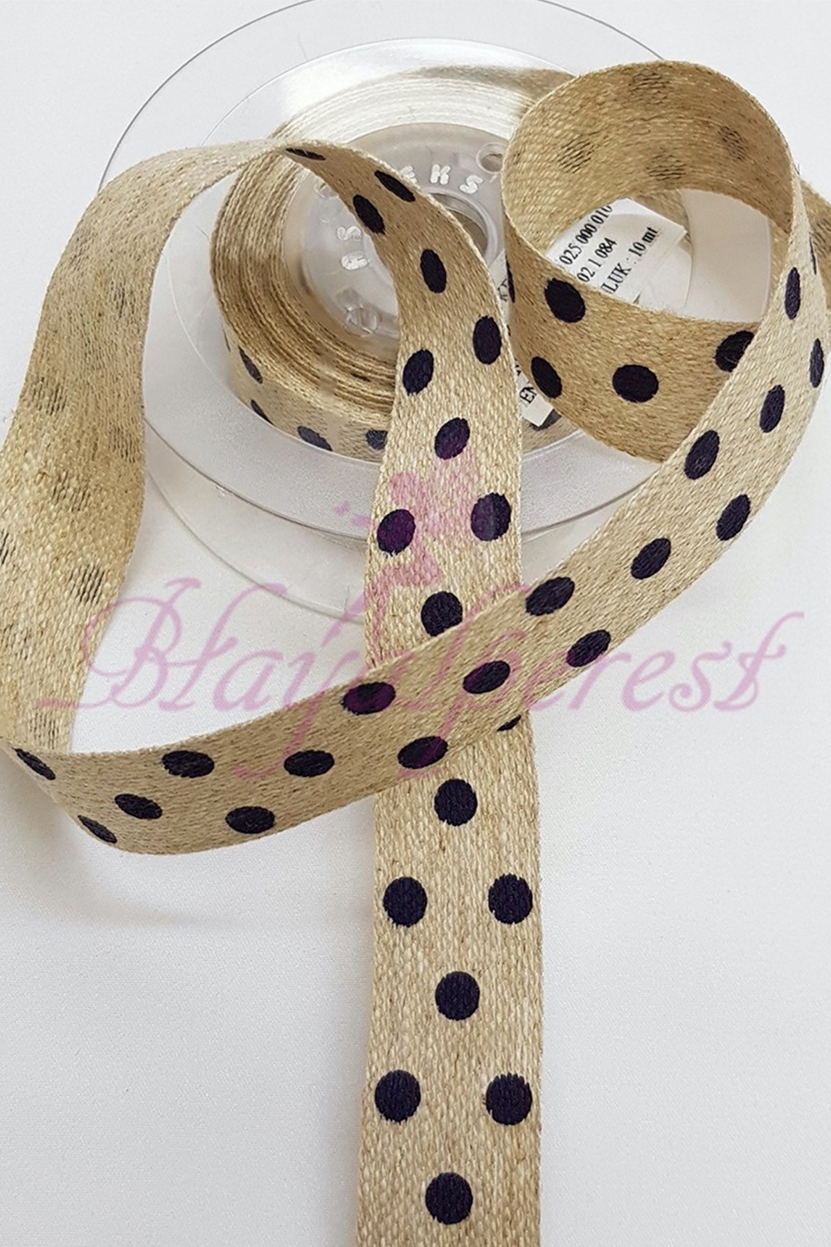 Navy Blue Polka Dot Printed Linen Ribbon 1,5Cm