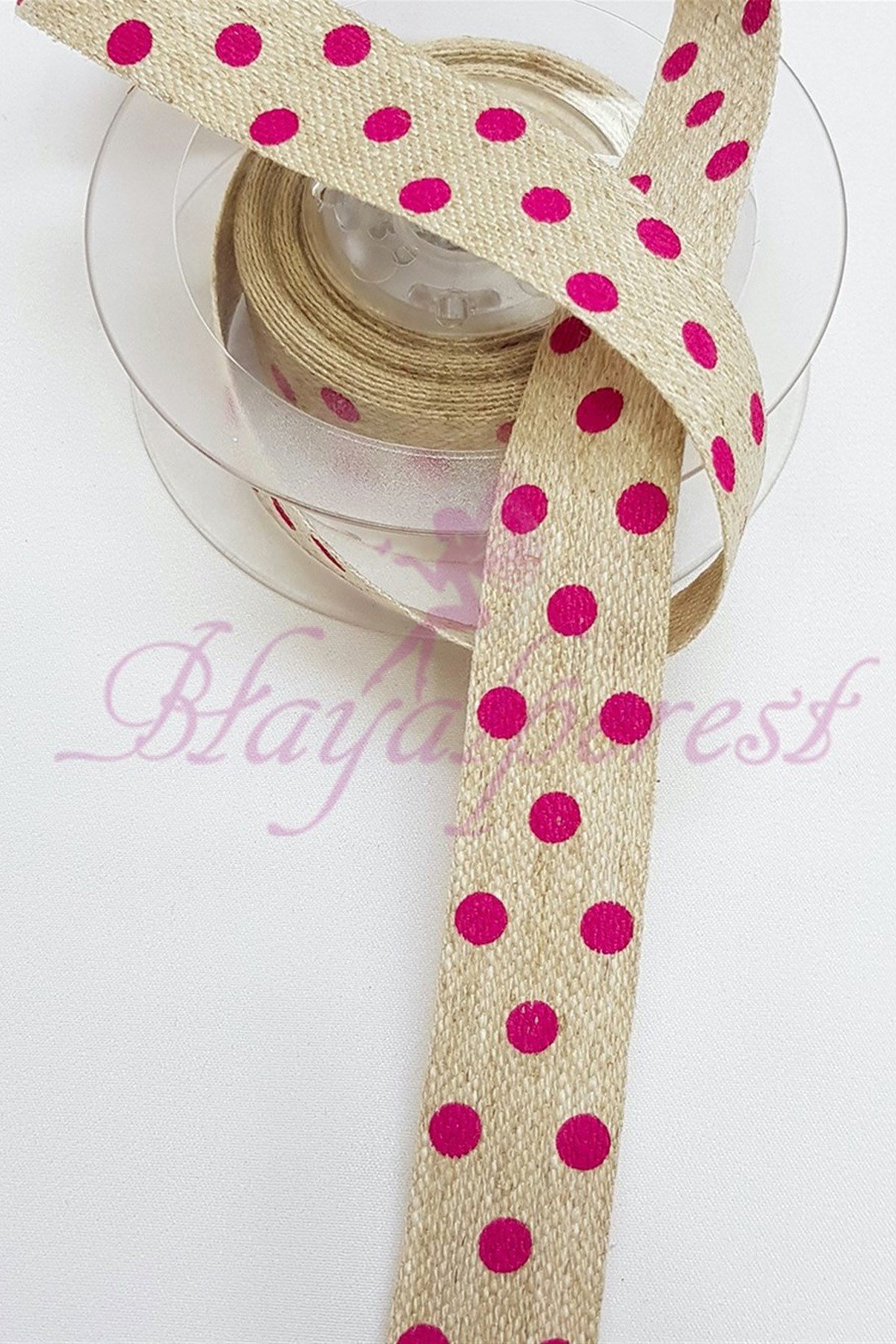 Dark Fuchsia Polka Dot Printed Linen Ribbon 1,5Cm