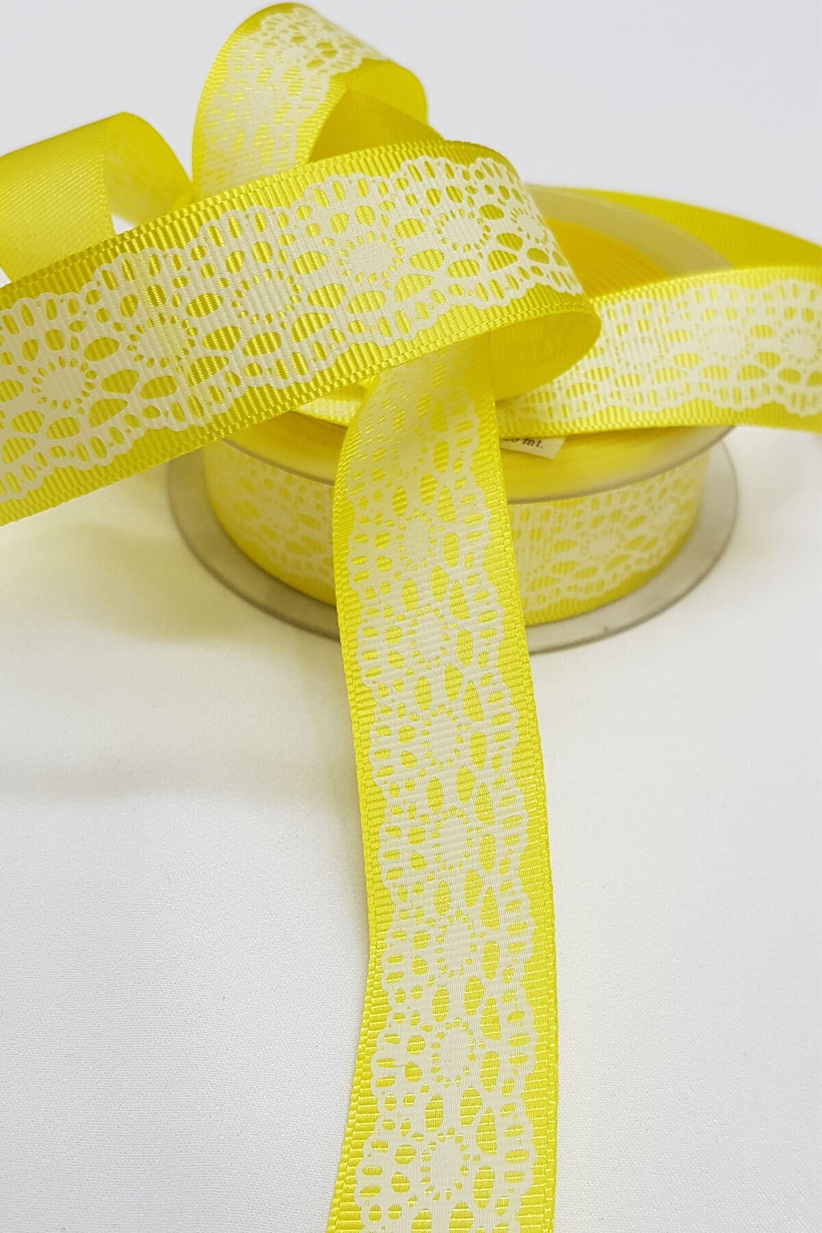 Yellow Lace Pattern Printed Grosgrain Ribbon 2.5Cm