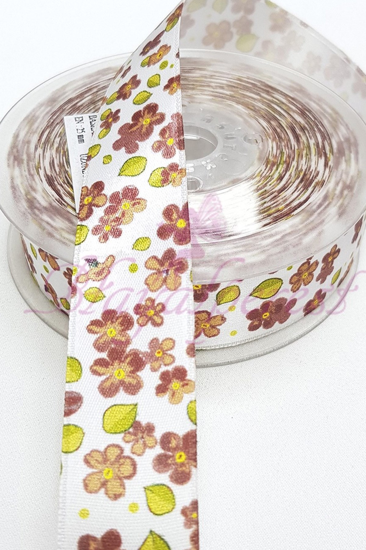 Coffee Floral Printed Satin Ribbon 2,5Cm