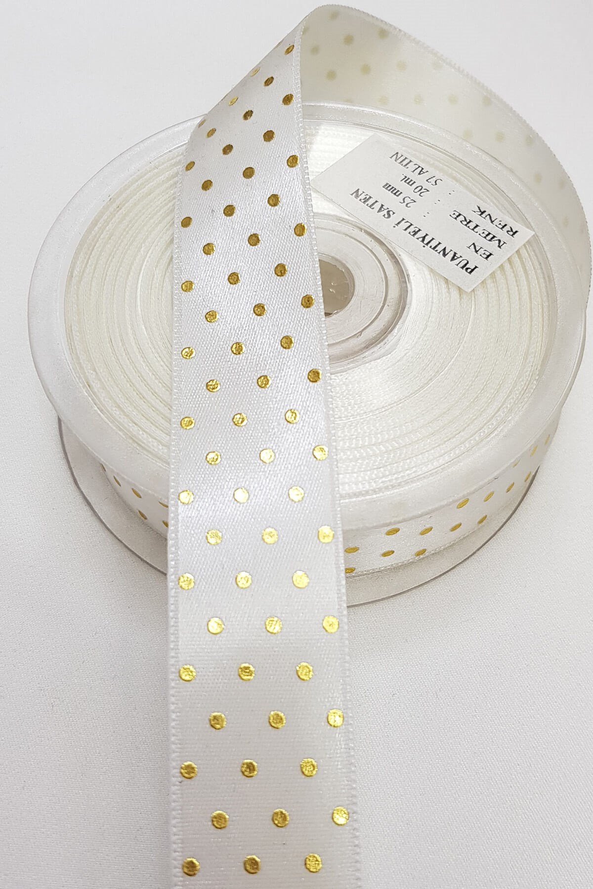 Gold Polka Dot Printed Satin Ribbon 2,5Cm
