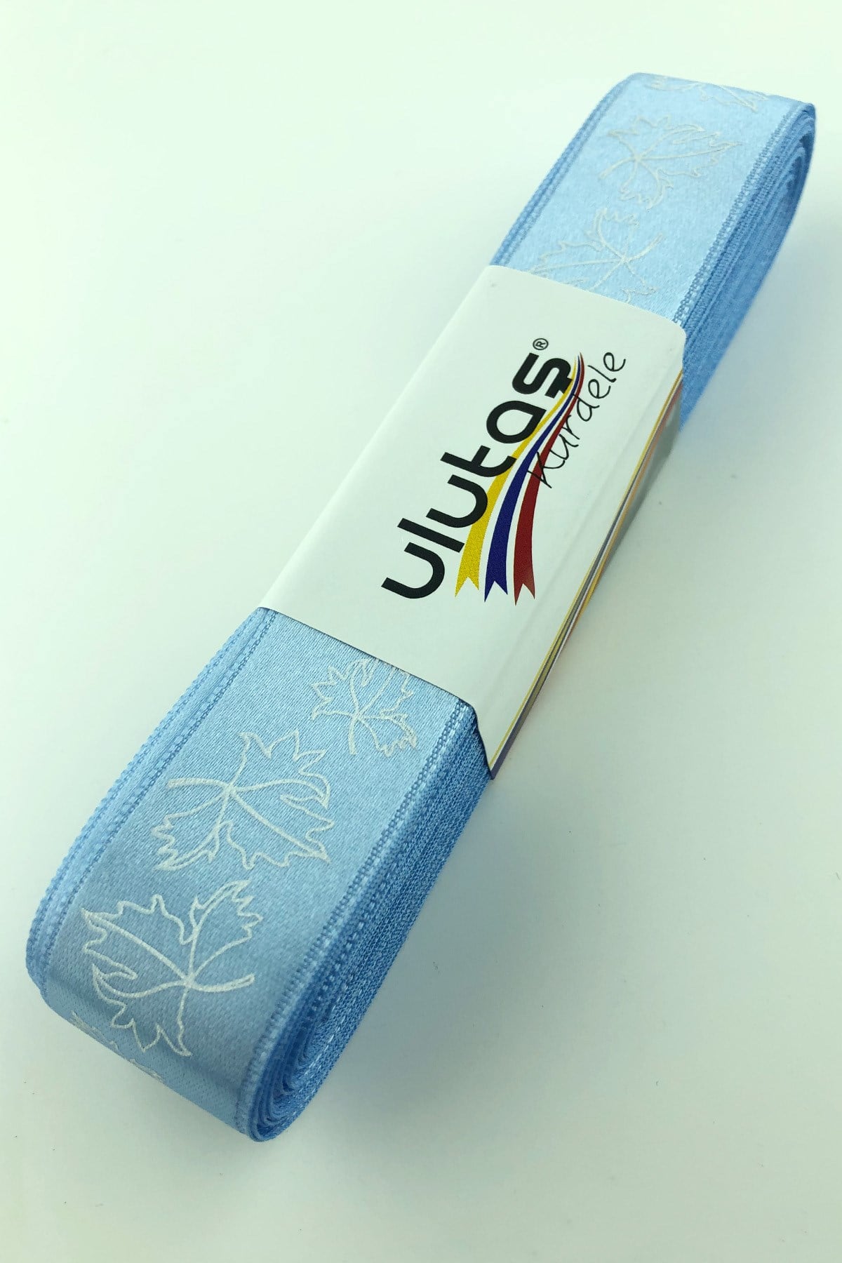 Bebe Mavi Yaprak Baskılı Saten Kurdele 2,5 cm