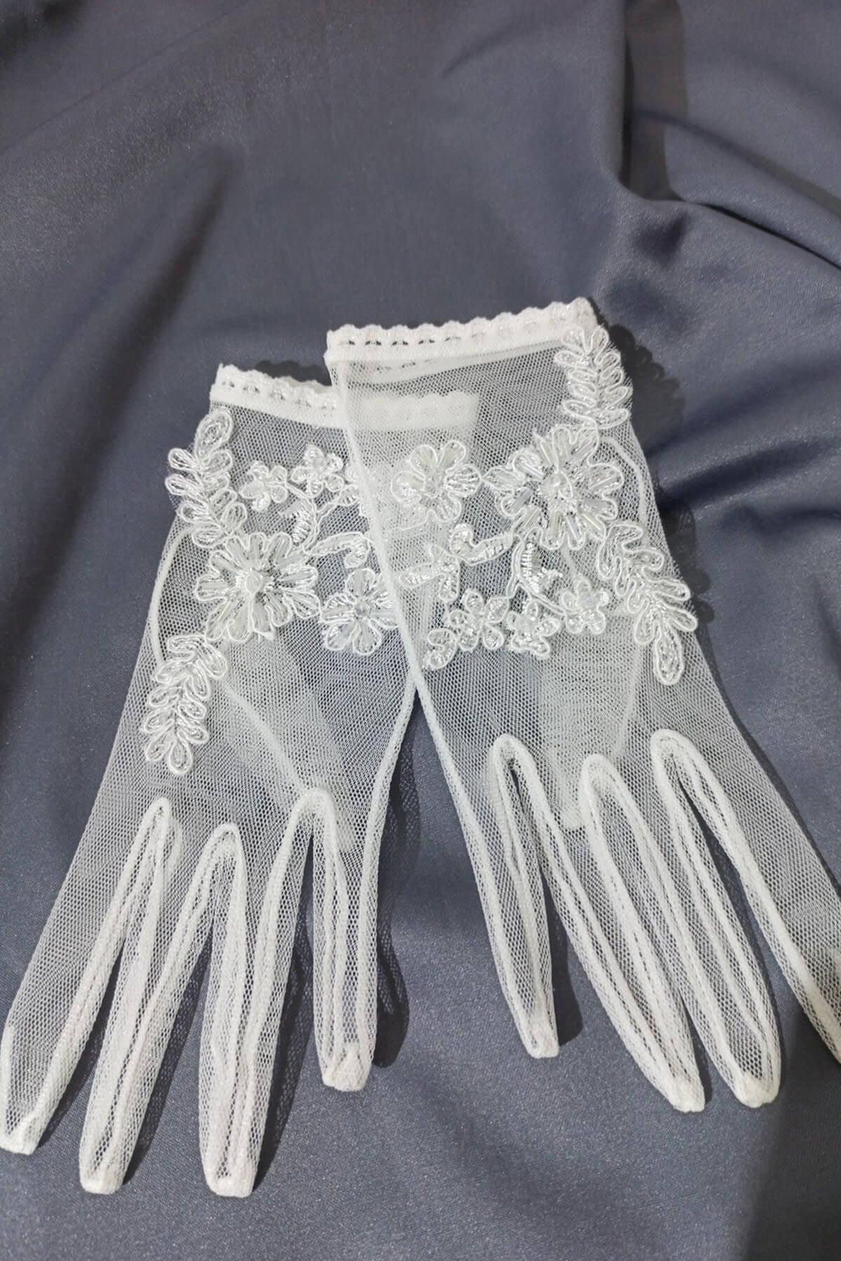 White Bead Embroidered Gloves