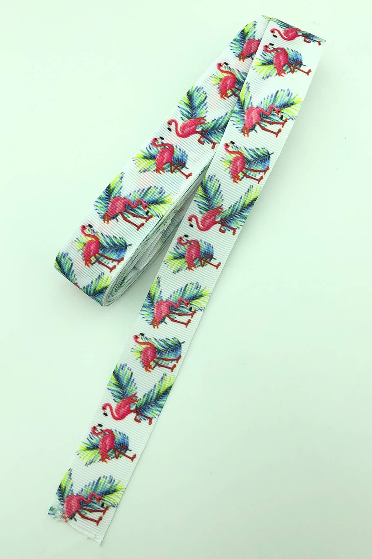 Beyaz Flamingo Baskıılı Grogren Kurdele 10 Mt