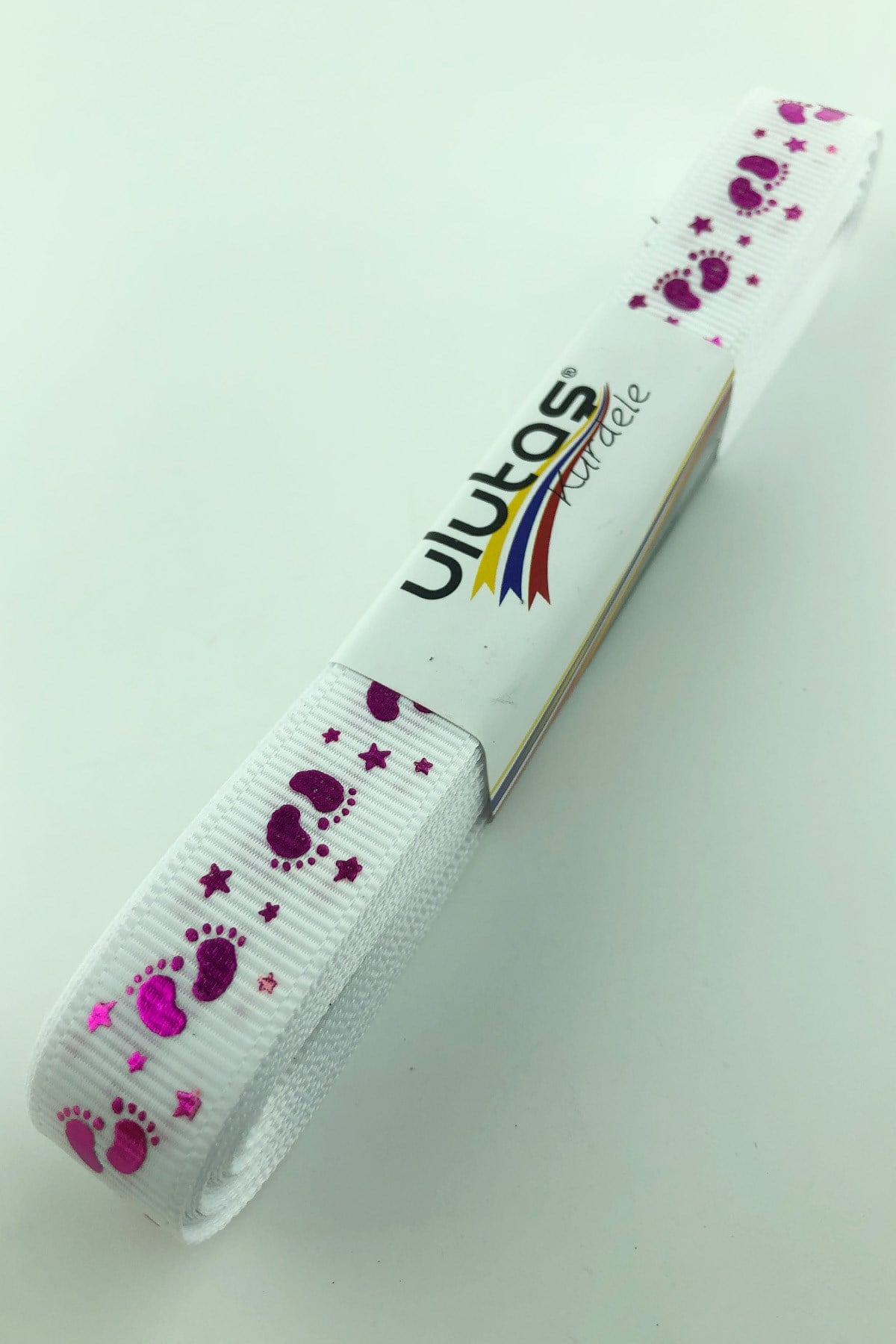 Beyaz Fuşya Bebek Ayağı Figür Baskılı Grogren Kurdele 1,5 cm