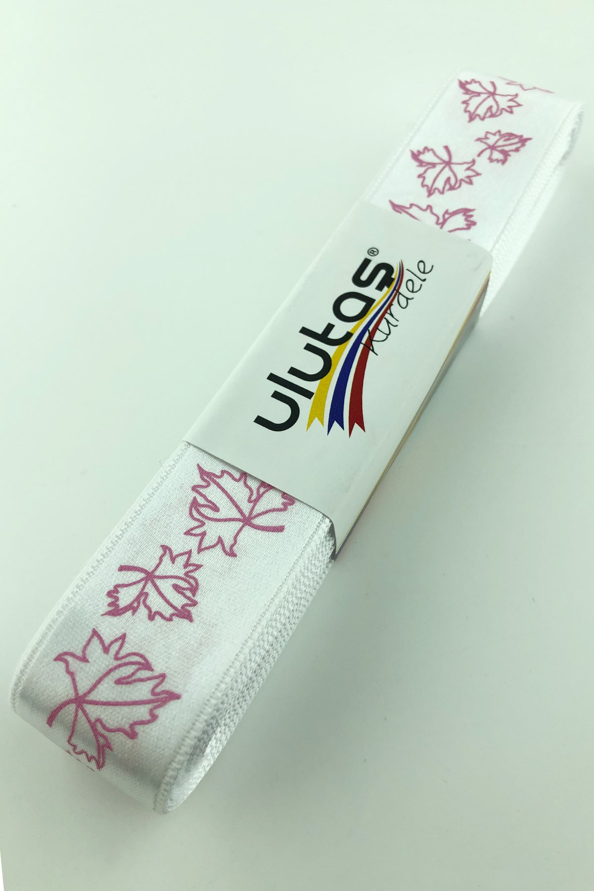 Beyaz Pembe Yaprak Baskılı Saten Kurdele 2,5 cm