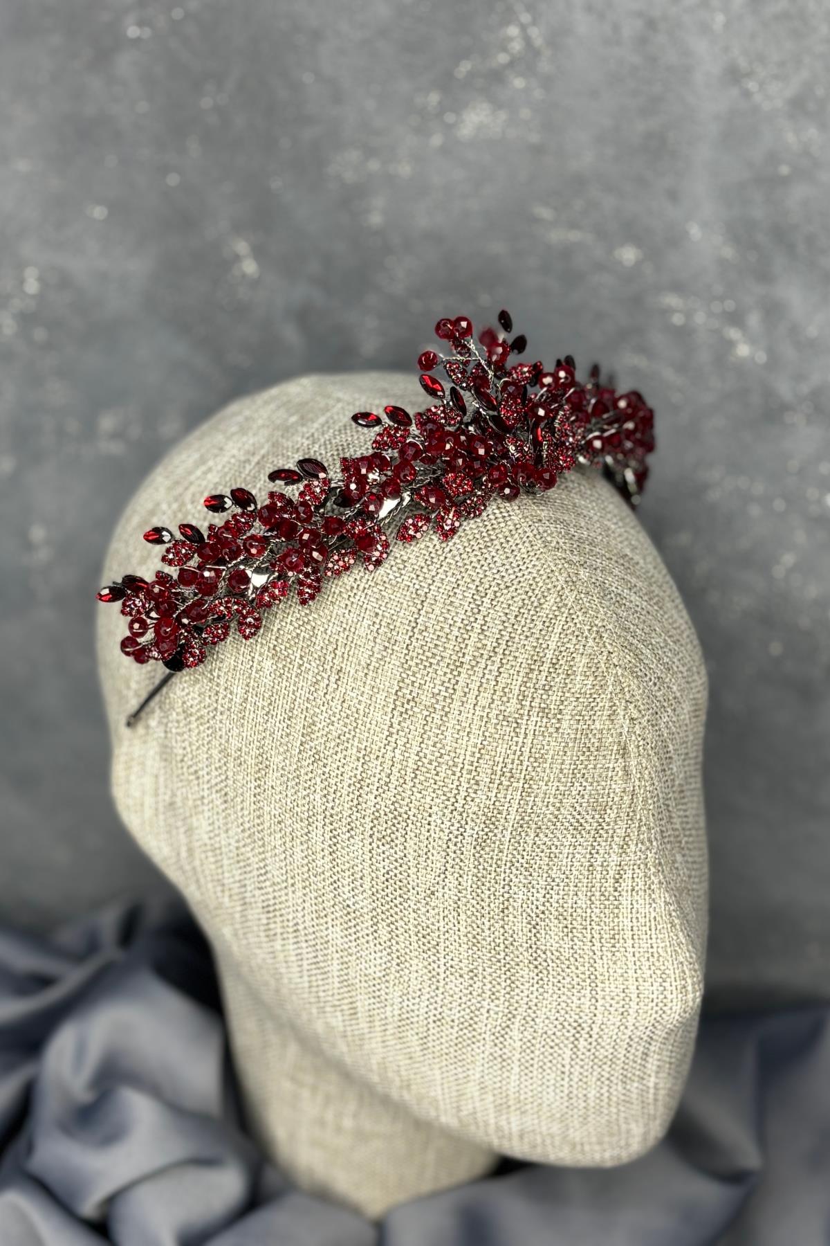 Bordo Boncuk İşlemeli Duru Gelin Kına Tacı