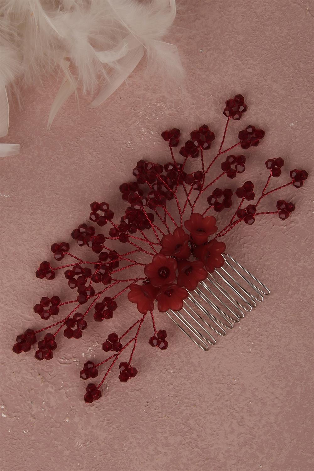 Bordo Çiçek Boncuklu Gelin Saç Aksesuarı Tarak Tokası