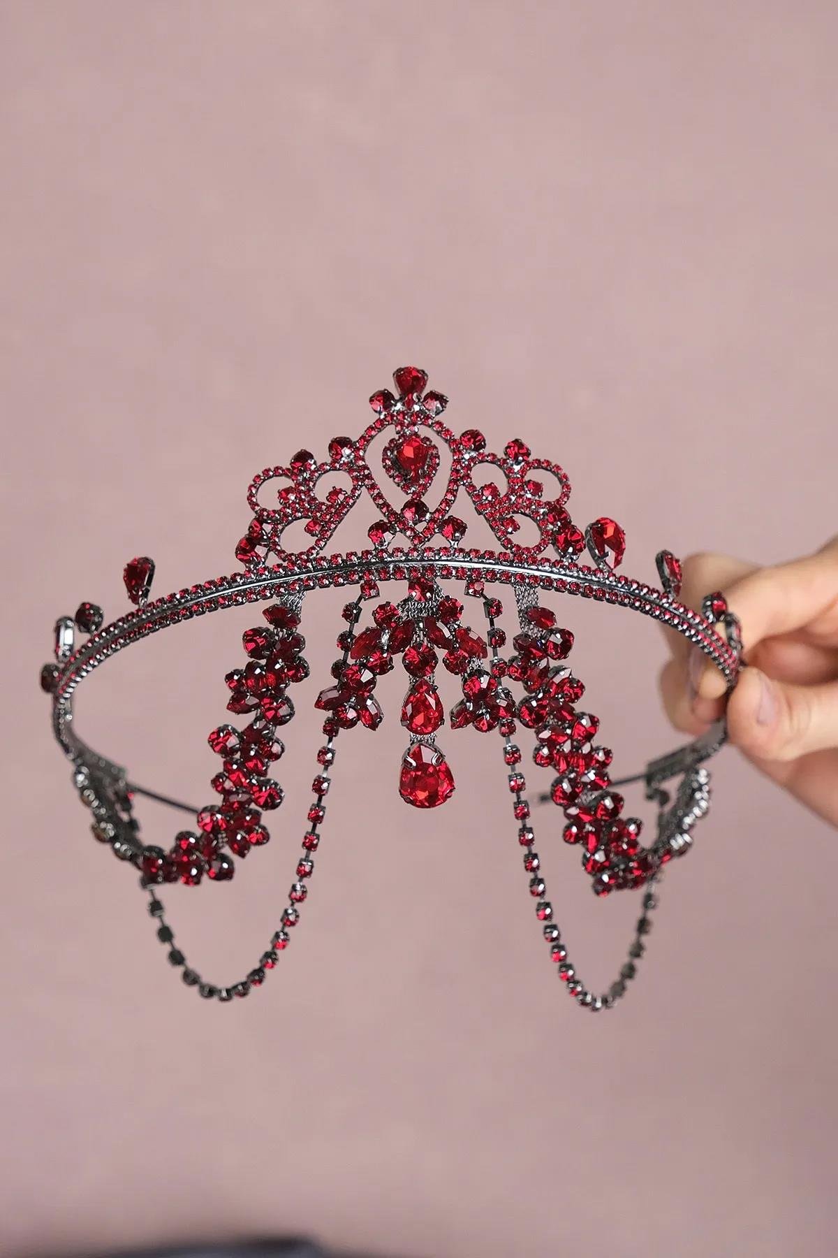 Bordo Hürrem Saçaklı Alınlık Gelin Kına Tacı