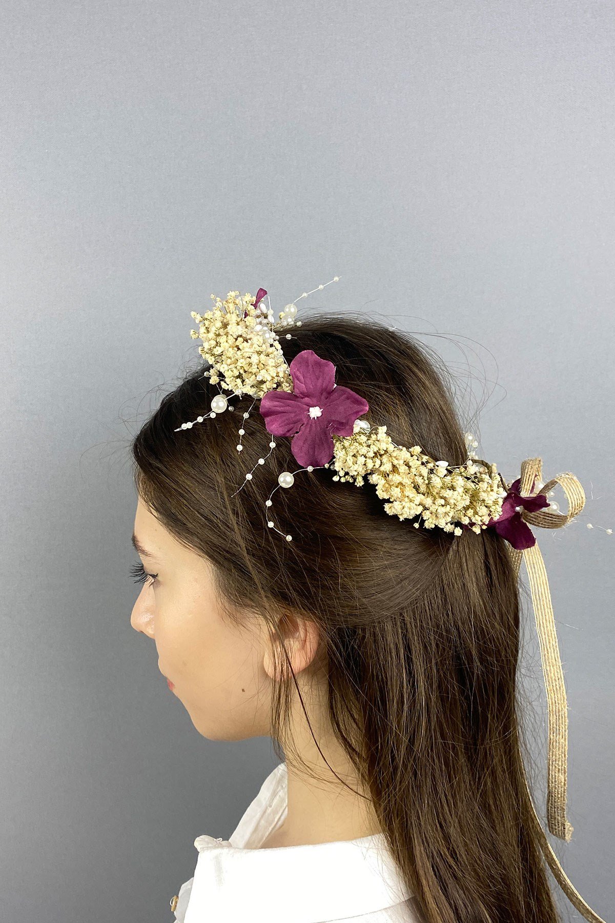 Bordo Ortancalı Kuru Çiçekli İncili Dış Çekim Gelin Saç Aksesuarı