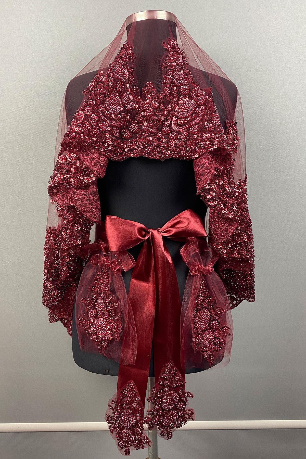 Bordo Sultan Model Özel İşlemeli Gelin Kına Duvağı Yüz Örtüsü