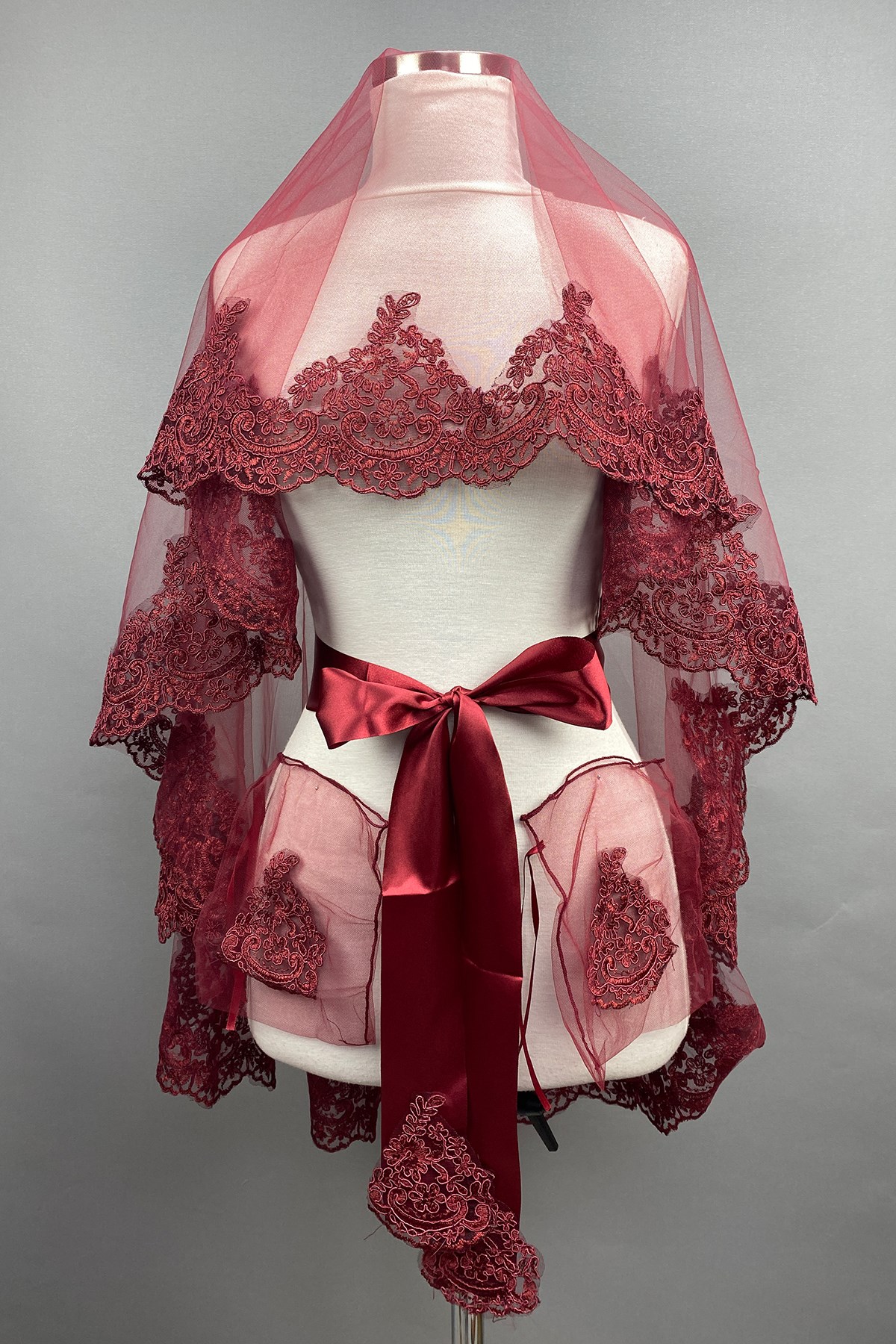 Bordo Venüs Dantelli Gelin Duvağı Kına Yüz Örtüsü