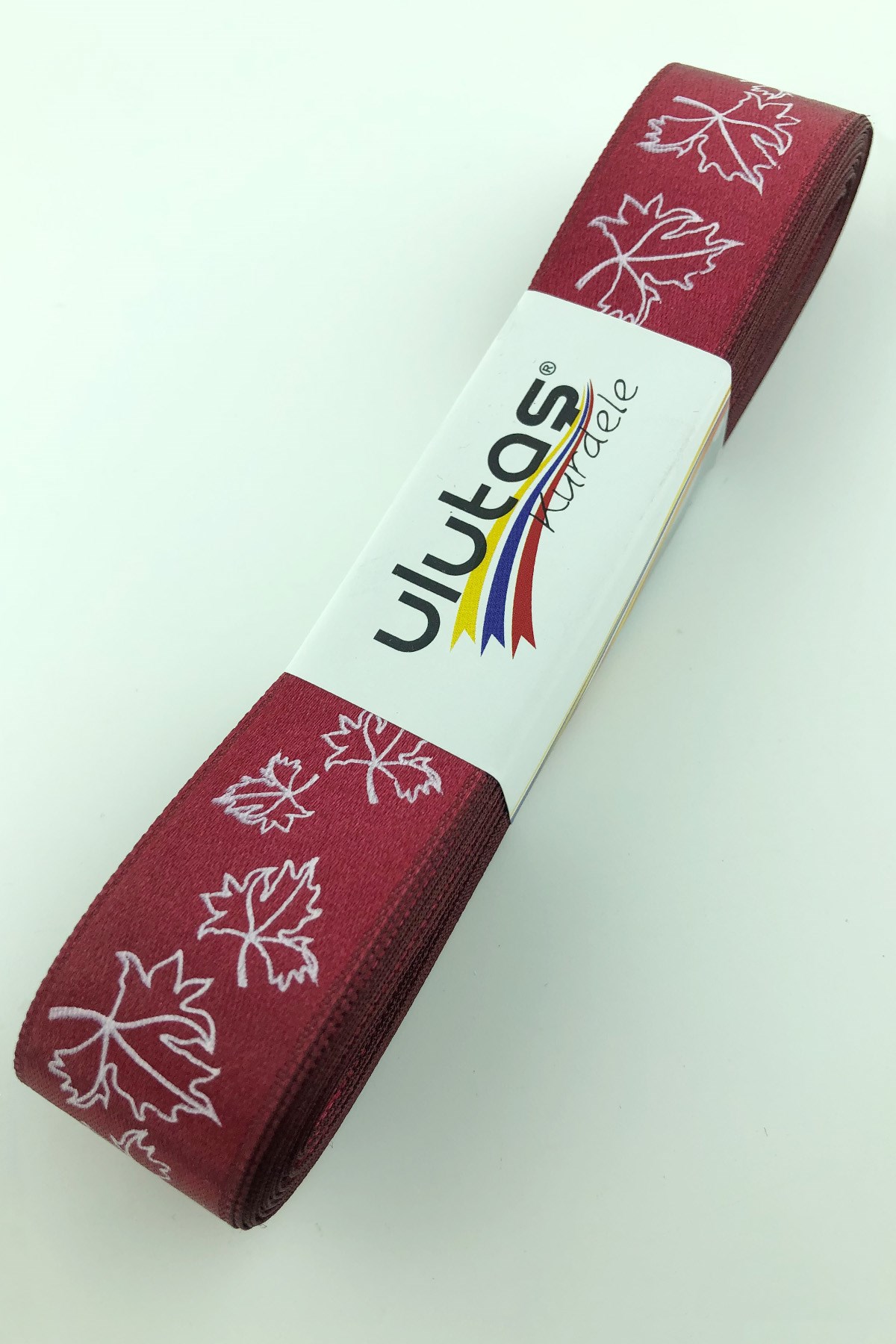 Bordo Yaprak Baskılı Saten Kurdele 2,5 cm