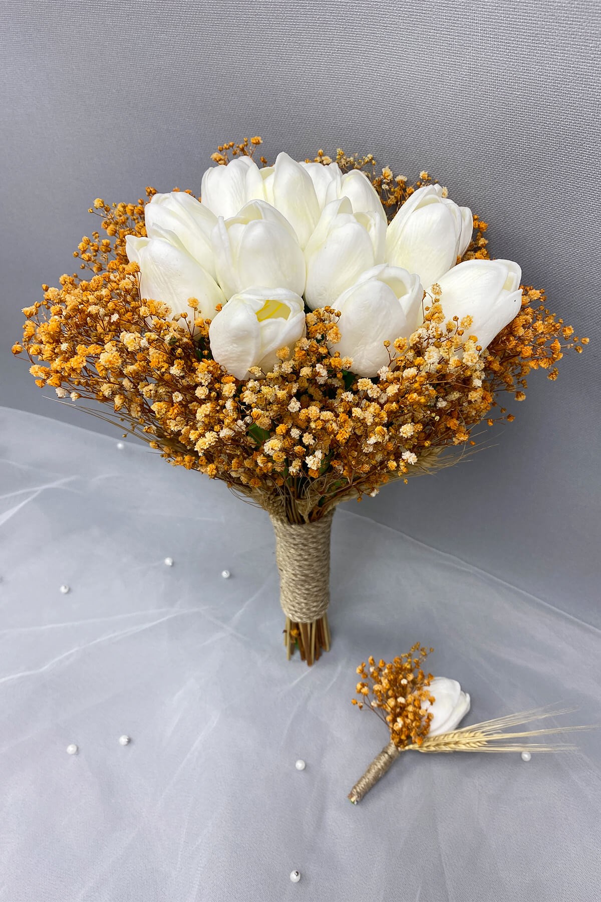Bride Flower and Groom Boutonniere with Gypsies Spiked Wet Tulip