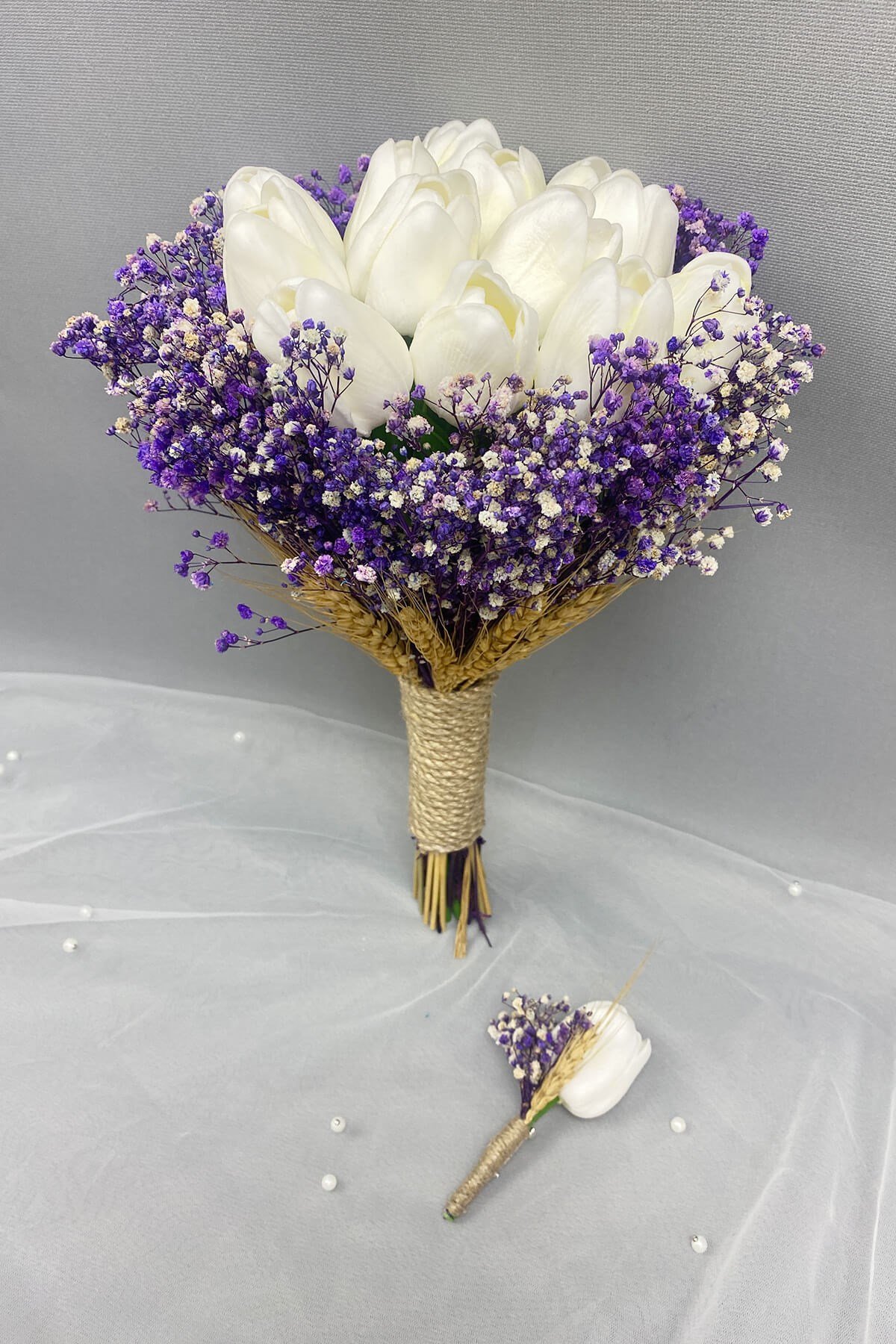 Wet White Tulip Bride Flower and Groom Boutonniere with Gypsum