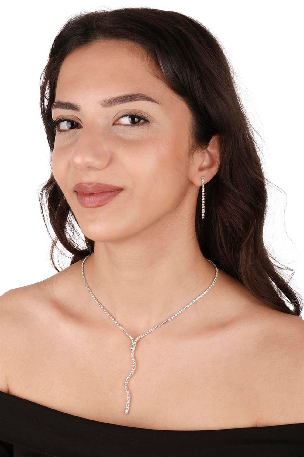 Dalgalı Venüs Şık Kristal Taşlı Abiye Kolye Küpe Seti Ve Lale Gelin Tacı