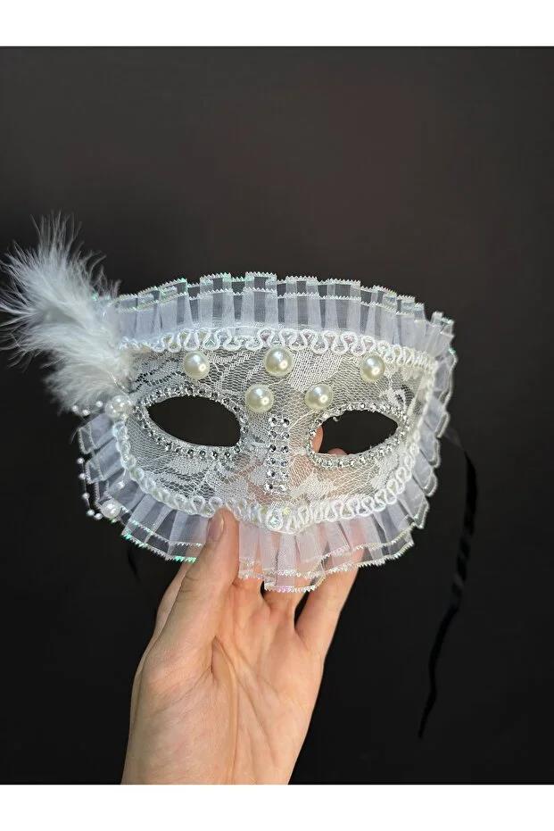 Dantel İnci Tüy Venedik Maskesi Maskeli Balo Kostüm Aksesuarı