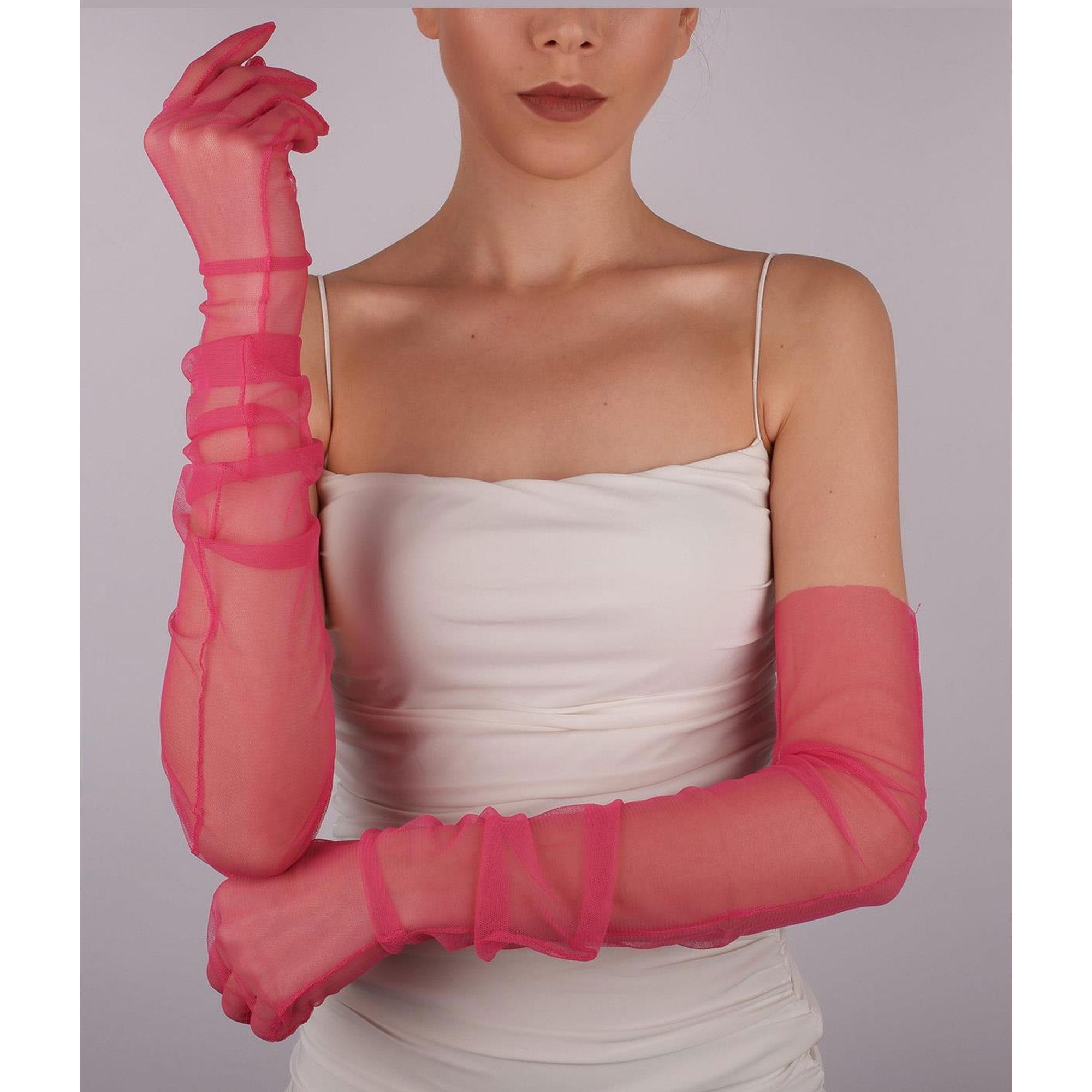 Fuşya Uzun Şık Gelin Eldiveni Tül Eldiven Nikah/Düğün/Parti/Kostüm Eldiveni