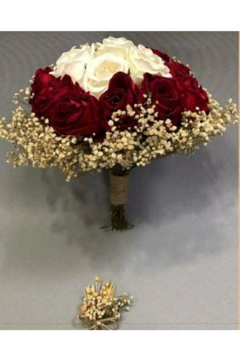 Gelin Buketi.bordo Ve Beyaz Kadife Güllü Ve Cipso Gelin El Çiçeği Ve Damat Yaka Çiçeği.gelinbuketi.