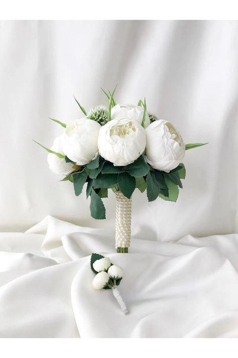 Gelin Çiçeği El Buketi Ve Damat Yaka Çiçeği Seti