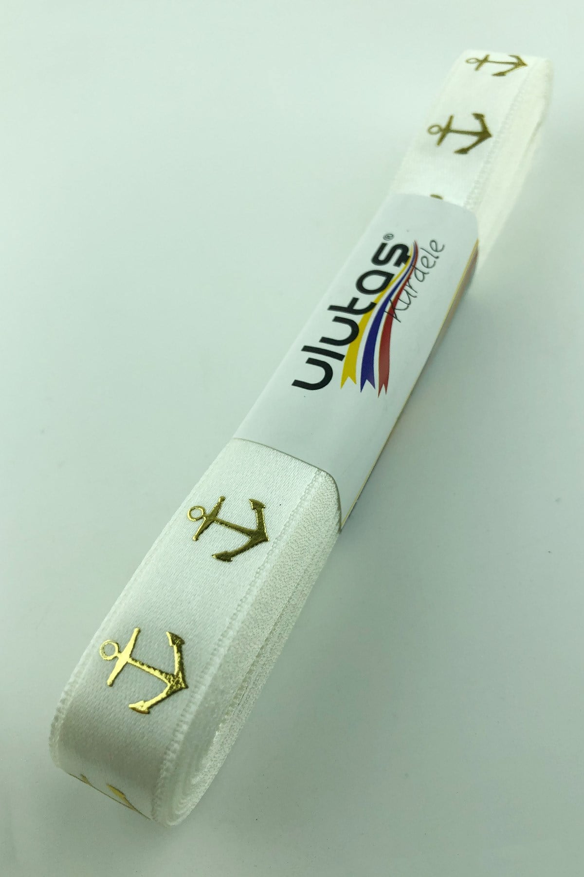 Gold Anchor Leaf Printed Satin Ribbon 1.5 cm