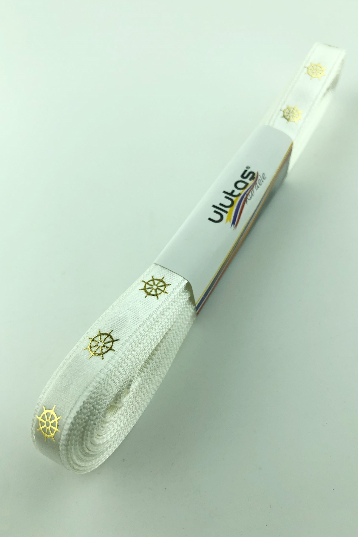 Gold Rudder Leaf Printed Satin Ribbon 1 cm