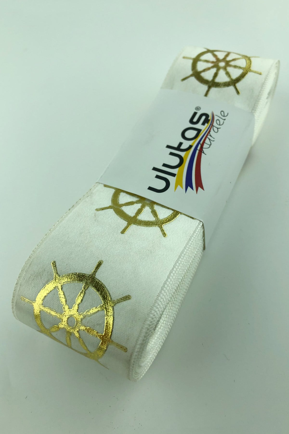 Gold Rudder Leaf Printed Satin Ribbon 4 cm