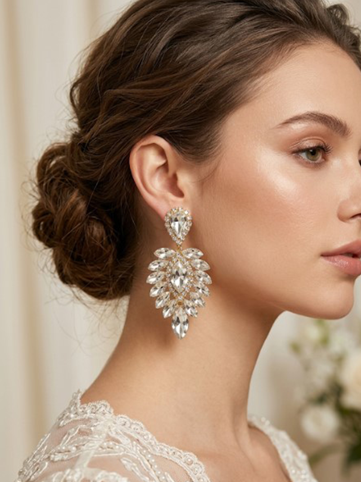 Gold Gümüş Rengi Vera Mekik Vip Kristal Taşlı Abiye Gelin Küpesi