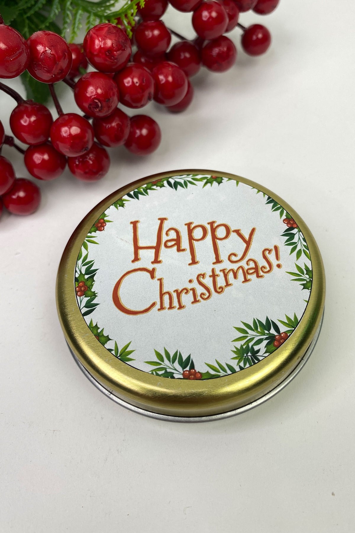 Gold Yuvarlak Gümüş Teneke Mum Happy Christmas Baskılı