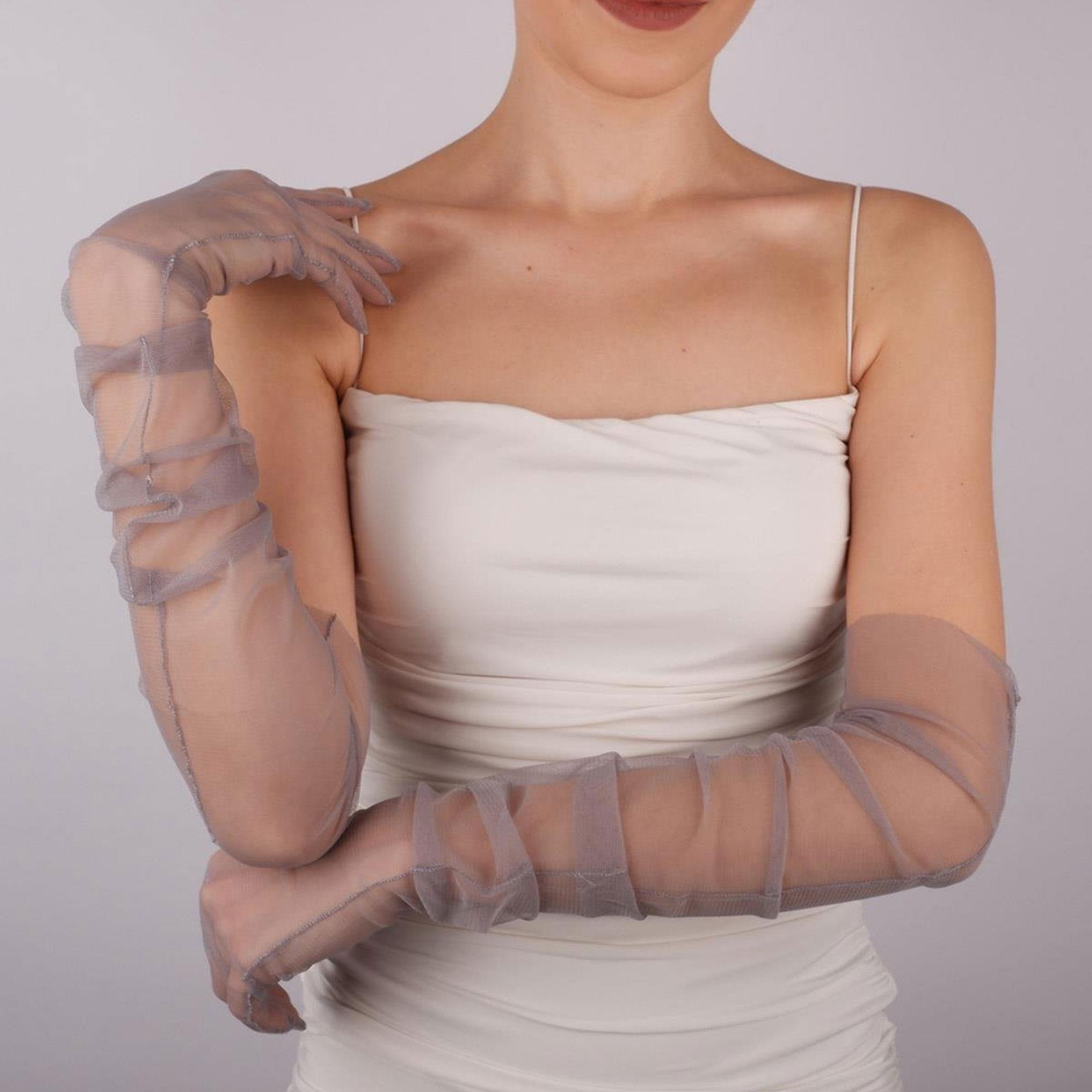 Gri Uzun Şık Gelin Eldiveni Tül Eldiven Nikah/Düğün/Parti/Kostüm Eldiveni
