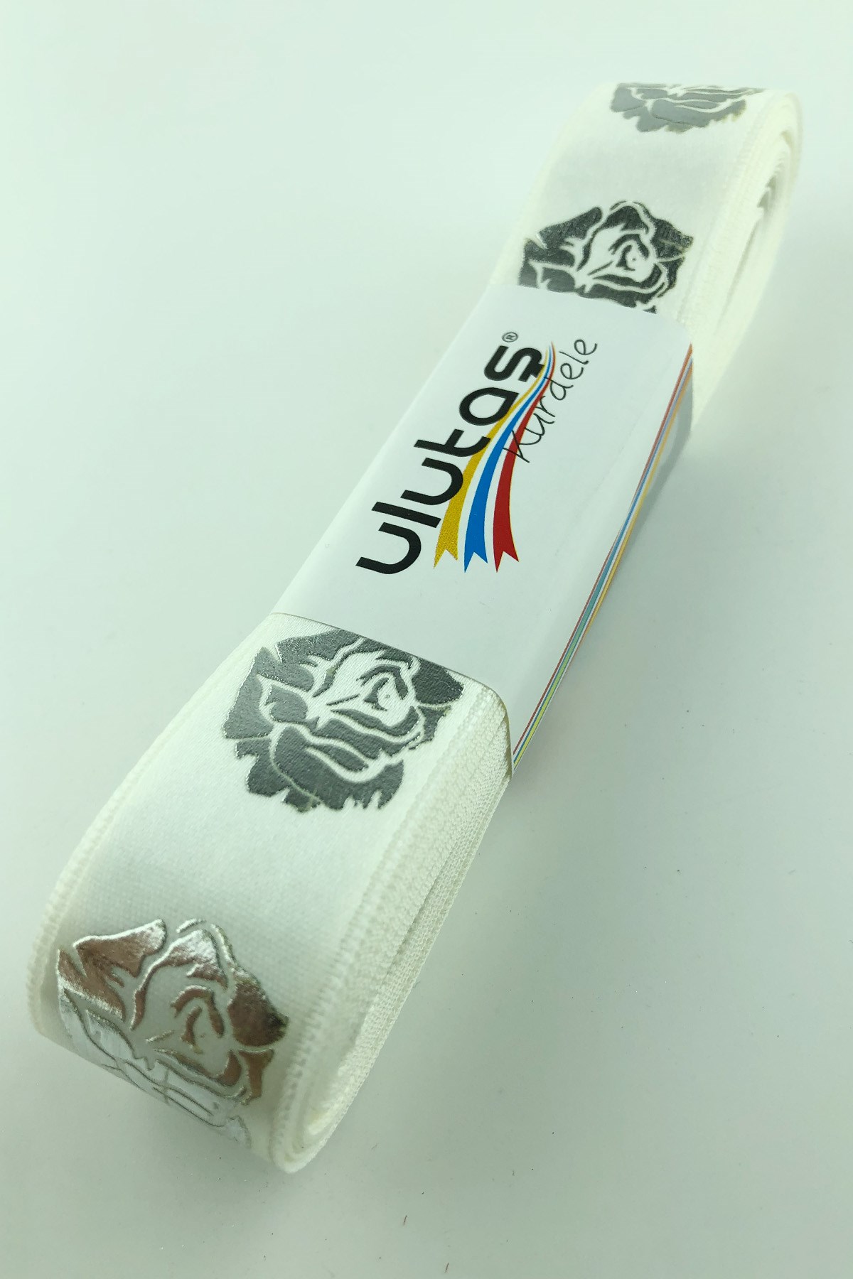 Gül Gümüş Varak Baskılı Saten Kurdele 2,5 cm