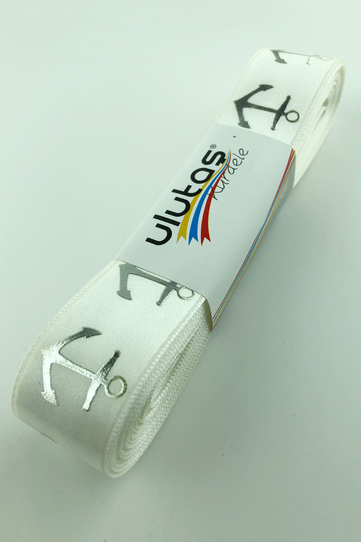 Gümüş Çapa Varak Baskılı Saten Kurdele 2,5 cm