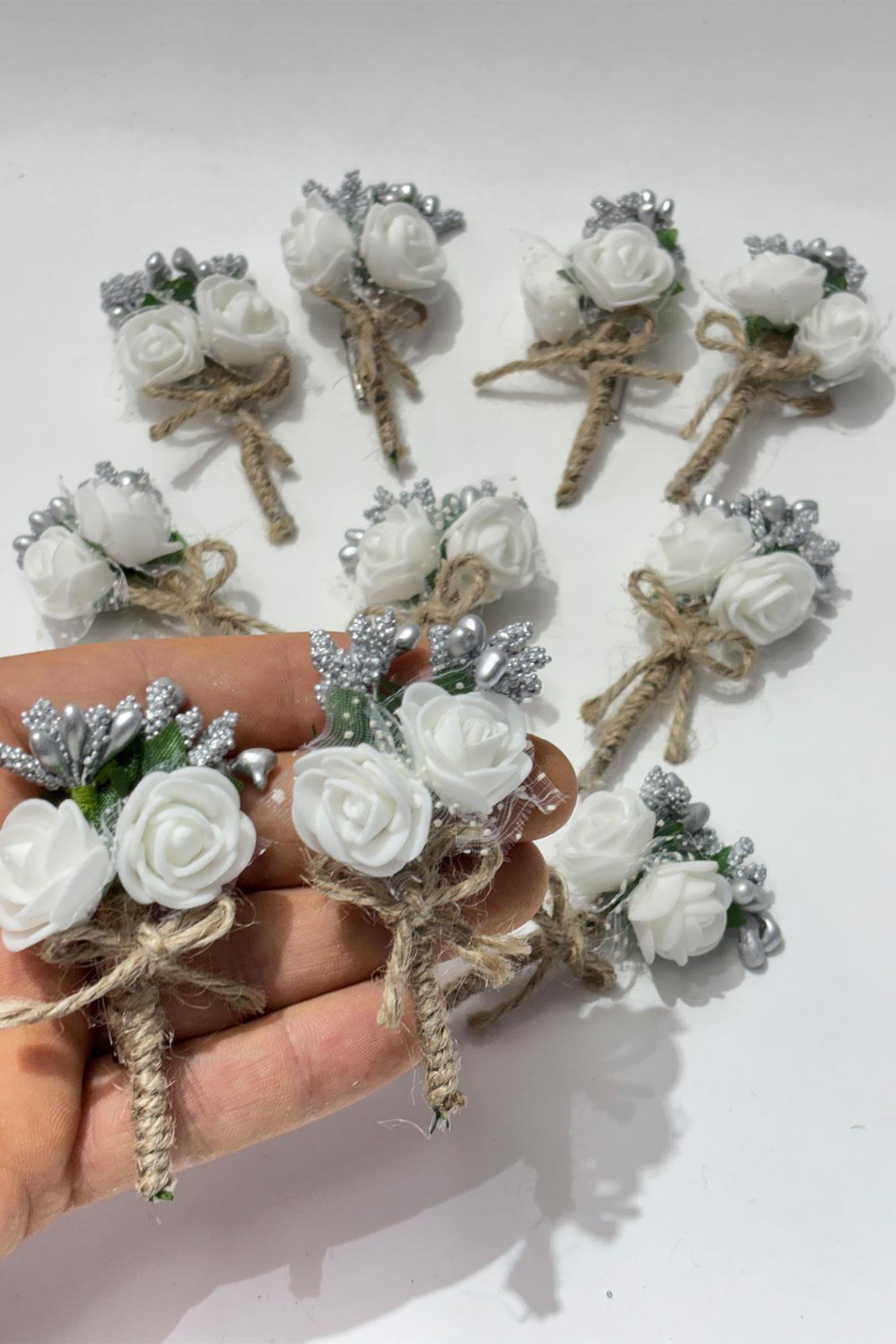 Gümüş Cipsolu Güllü Damat Yaka Çiçeği Sağdıç Çiçeği 10 Adet